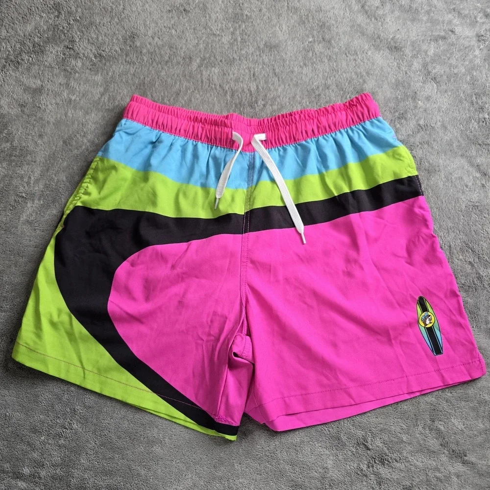 Buc-ees Beaver Retro Neon Swim Trunks Mens Small Pink Multicolor 5.5